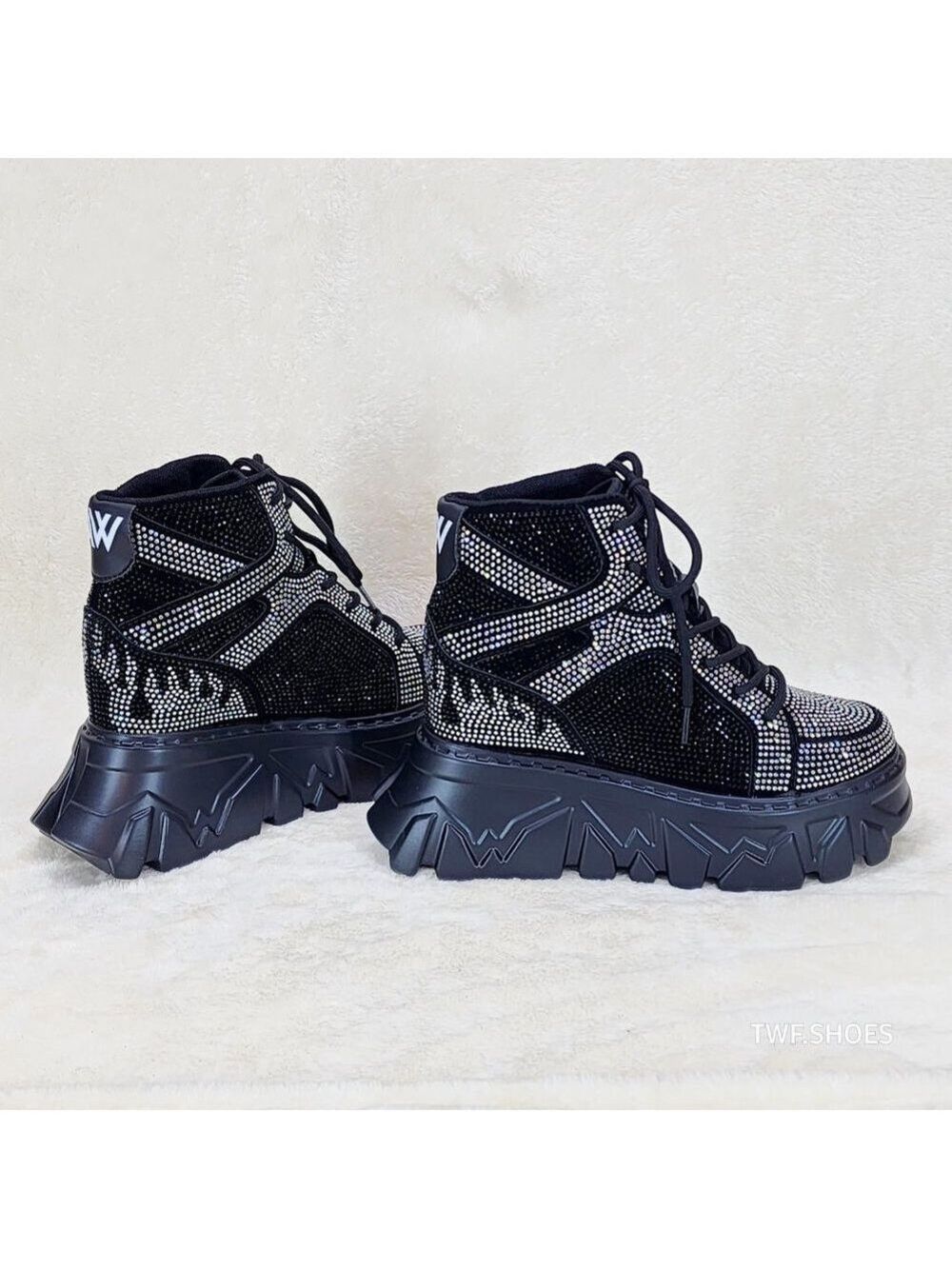 Anthony Wang Berry Silver & Black Rhinestone Platform Hidden Wedge Sneakers
